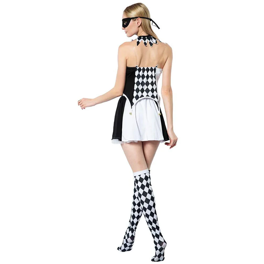 Sexy Women Devious Jester Cosplay Dresses Adult Black and White Clown Halloween Costume Carnival Easter Purim Fancy Dress