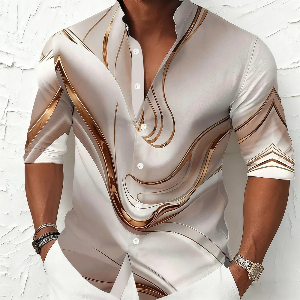 Men's Retro Stand Collar Gradient Natural Pattern 3D Printed Shirt Men's Spring and Autumn Long Sleeve Business Casual Outdoor