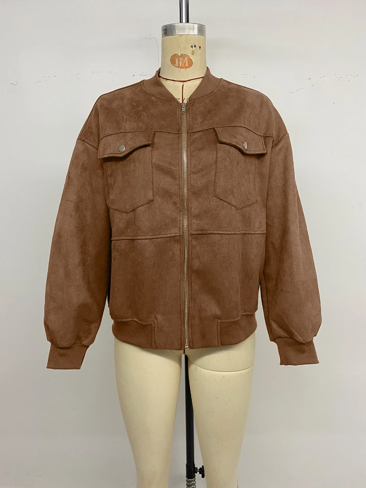 New in Autumn Winter Vintage Women's Suede Bomber Jacket Loose Zipper Pockets Long Sleeve Female Coat Lady Casual Streetwear