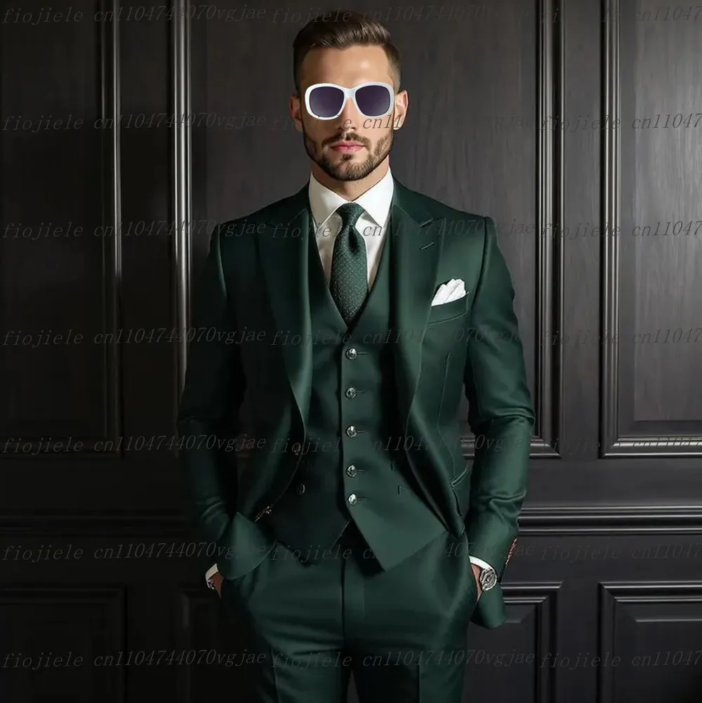 

Темно-зеленый мужской костюм для торжественных случаев, свадебная вечеринка, жених, жених, деловые мужские смокинги, комплект из трех предметов, куртка, жилет, брюки