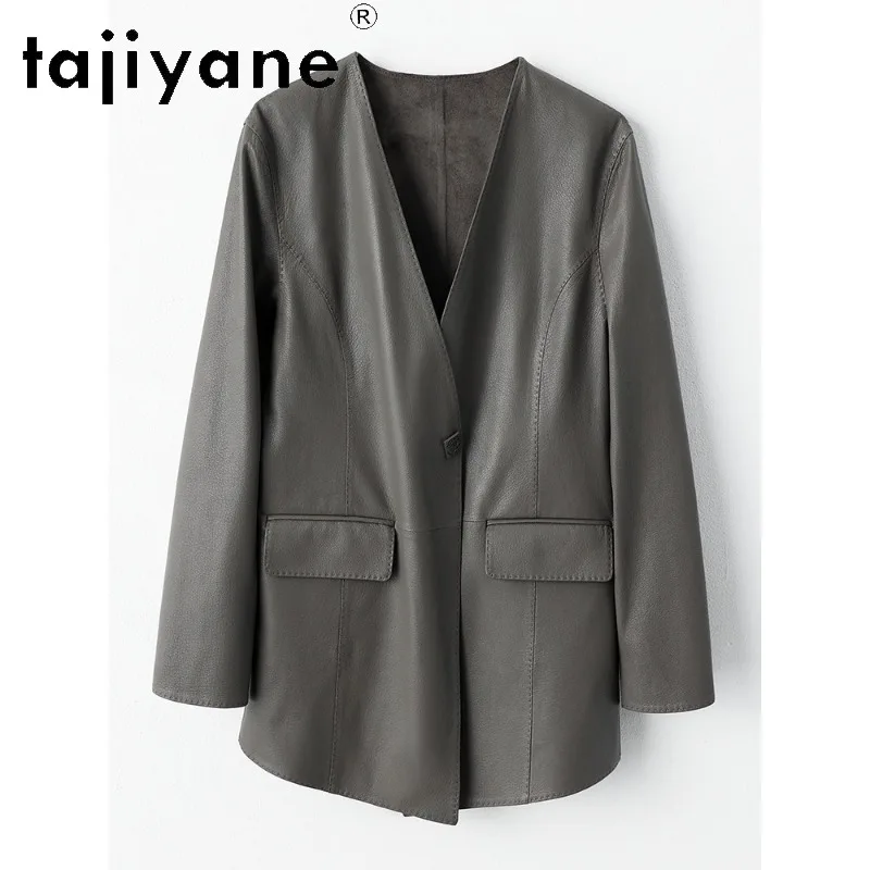 TAJIYANE Top Layer Deer‑Grain Goatskin Blazers Coat Genuine Leather Jacket Women Mid-length Jackets V-neck Leather Blazer Mujer