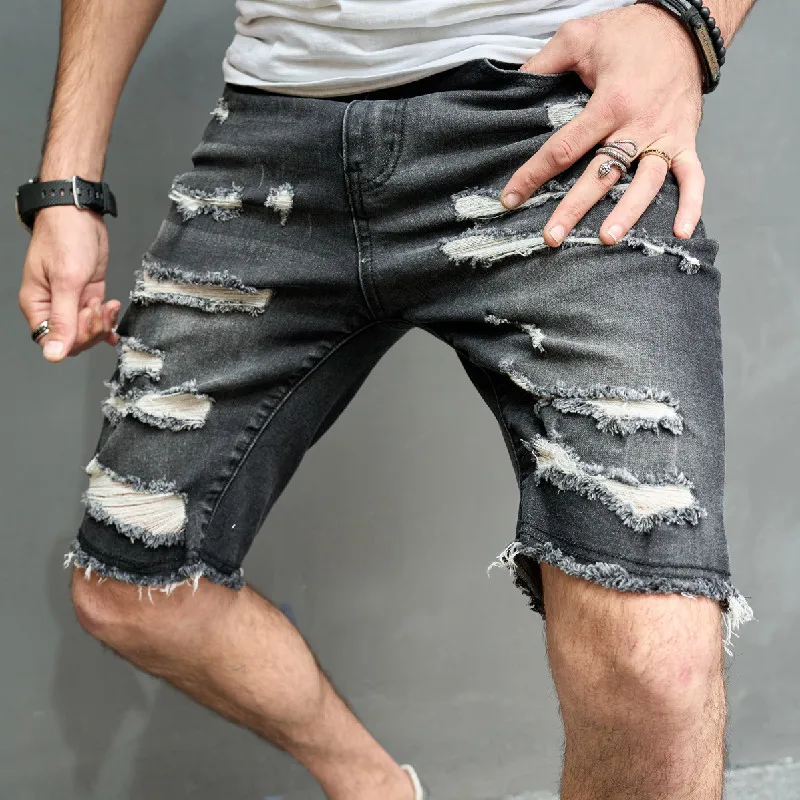 2023 New Summer Men's Jeans Knee Length Casual Broken Holes Streetwear Trendy Middle Pants Beggar Shorts Male