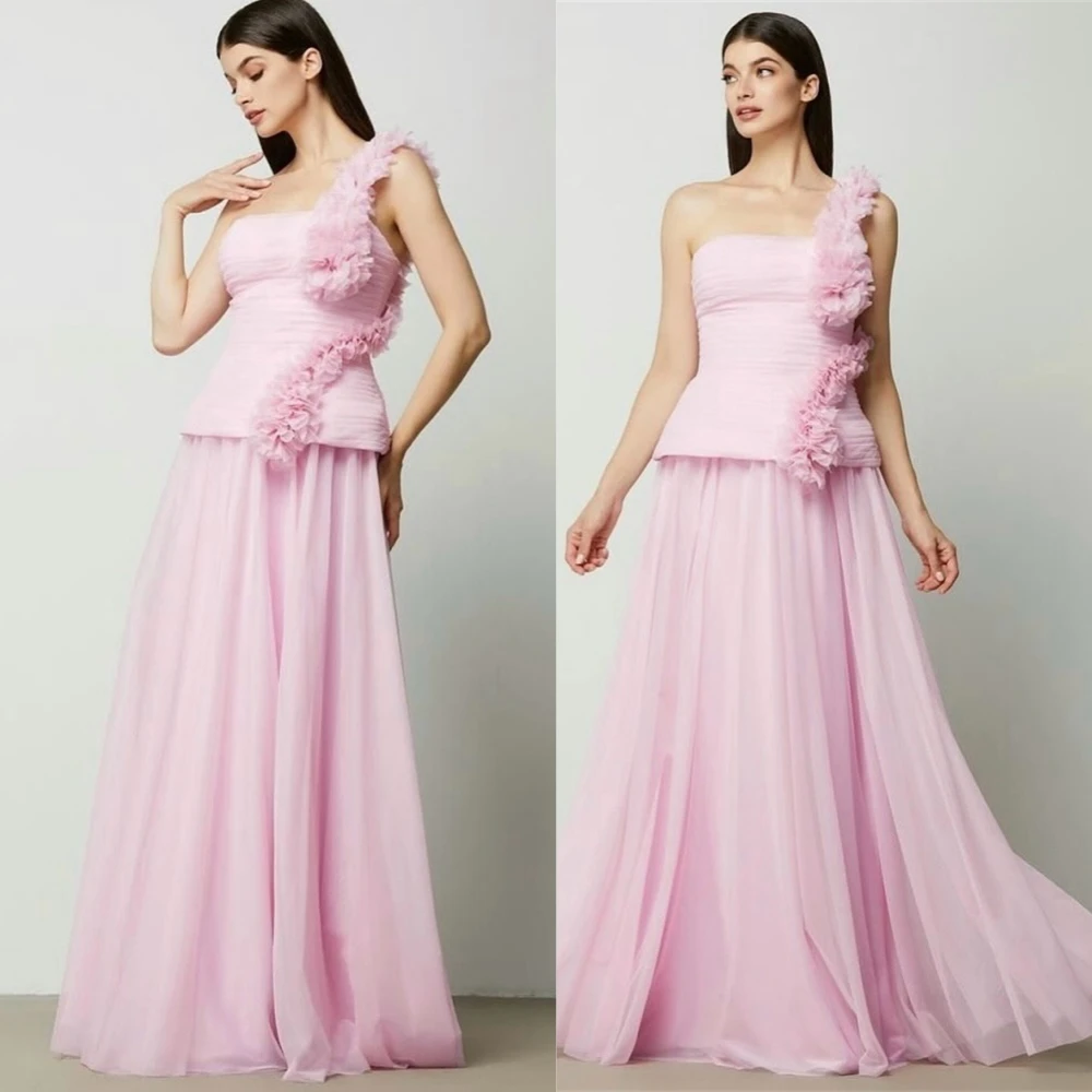 

Customized Simple Chiffon Evening Dress Delicate Strapless Prom Dresses Temperament Sleeveless Flowers Special Occasion Gowns