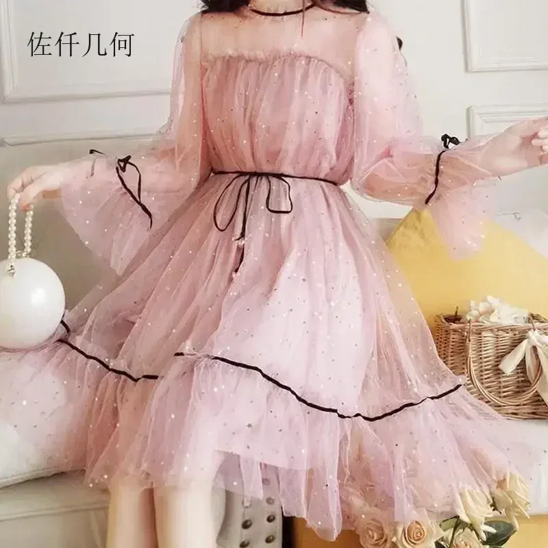 Sukienki damskie 2025 Nowa Słodka Pierwsza Miłość Różowe Sukienki z Siateczki Styl Preppy Długi Rękaw Sukienka Bandage Damska