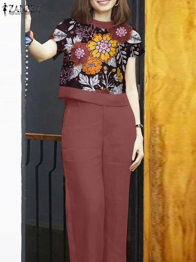 Letnie spodnie garnitury 2 szt. Kobiety z krótkim rękawem bluzka w kwiaty zestawy spodni ZANZEA kobiety Vintagae pasujące zestawy moda dres do pracy