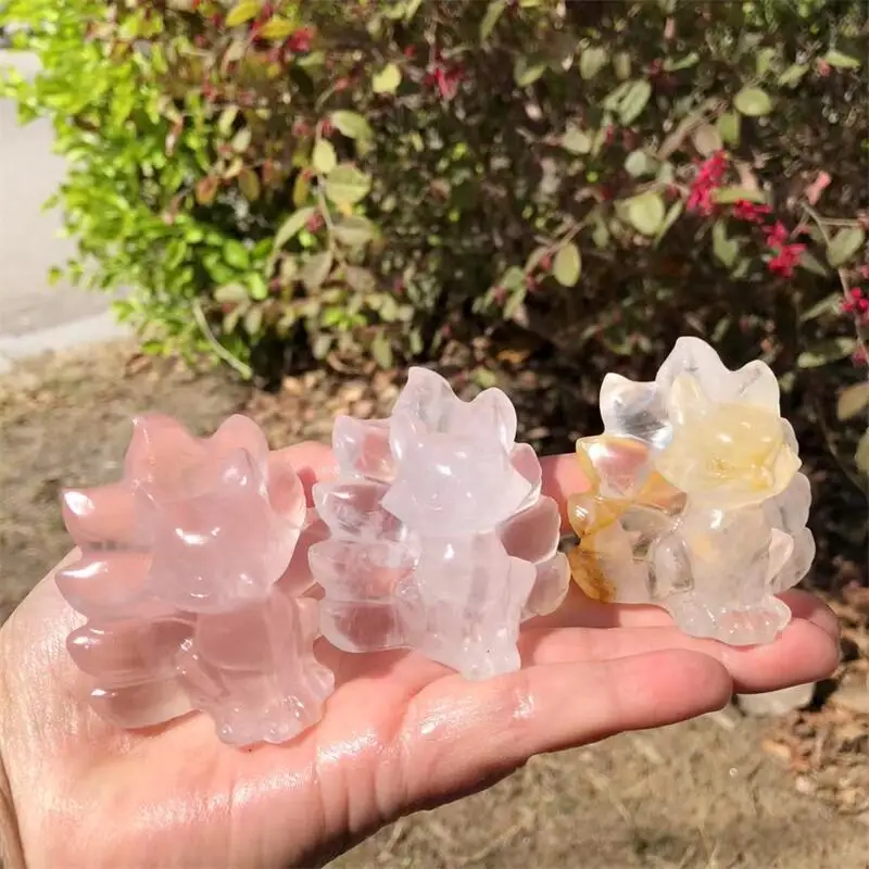1PCS Natural Crystal Quartz Hematoid Nine-Tailed Fox Carving Unique Home Decor Collection Gift Beautiful Stone