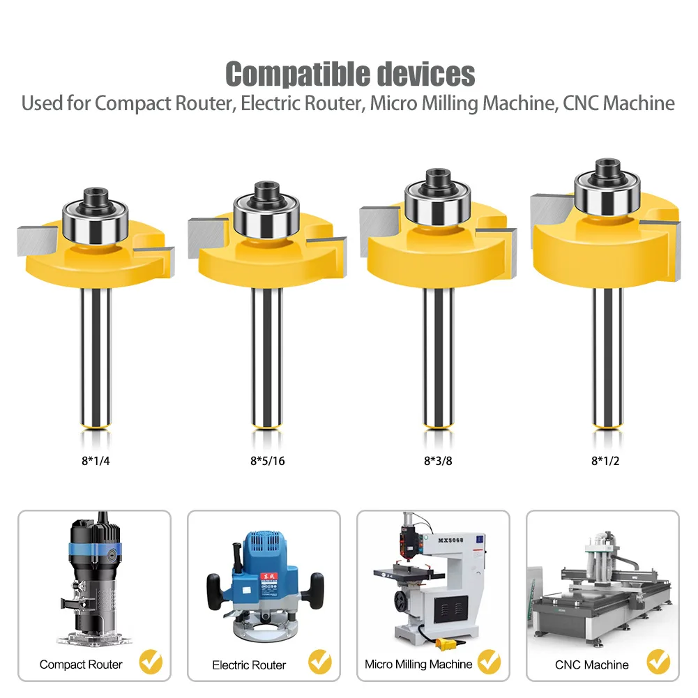 1 pçs 8mm haste t-sloting roteador bit com rolamento de madeira slot fresa tipo t rabbeting ferramenta para trabalhar madeira