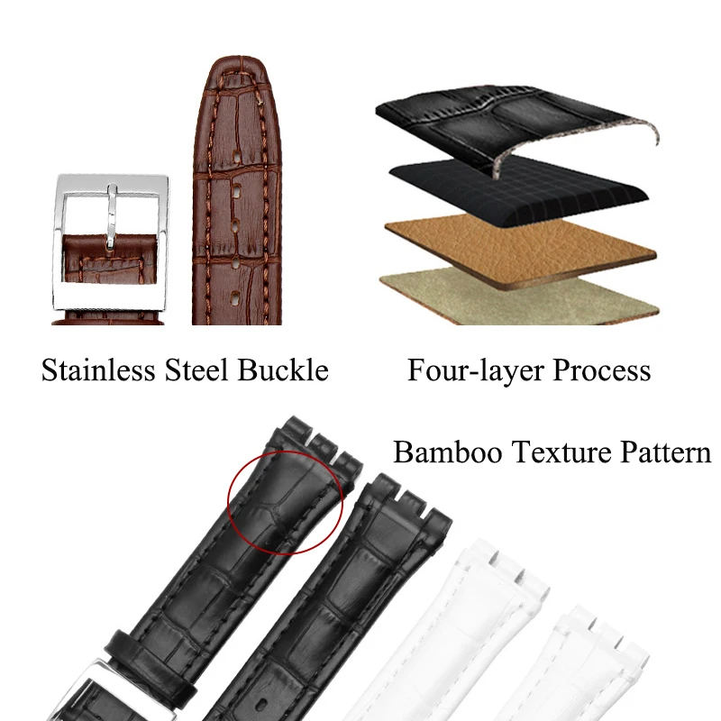 17mm 19mm Leather Watchbands for SWATCH Watch Belt Cowhide Bamboo Embossed Pattern Leather Strap for Women Men