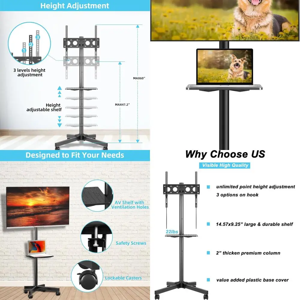 

Мобильные тележки для телевизоров на колесах для телевизоров с плоскими/изогнутыми панелями диаметром 21–60 дюймов — напольная подставка на тележке с регулируемой высотой и держателями для полки