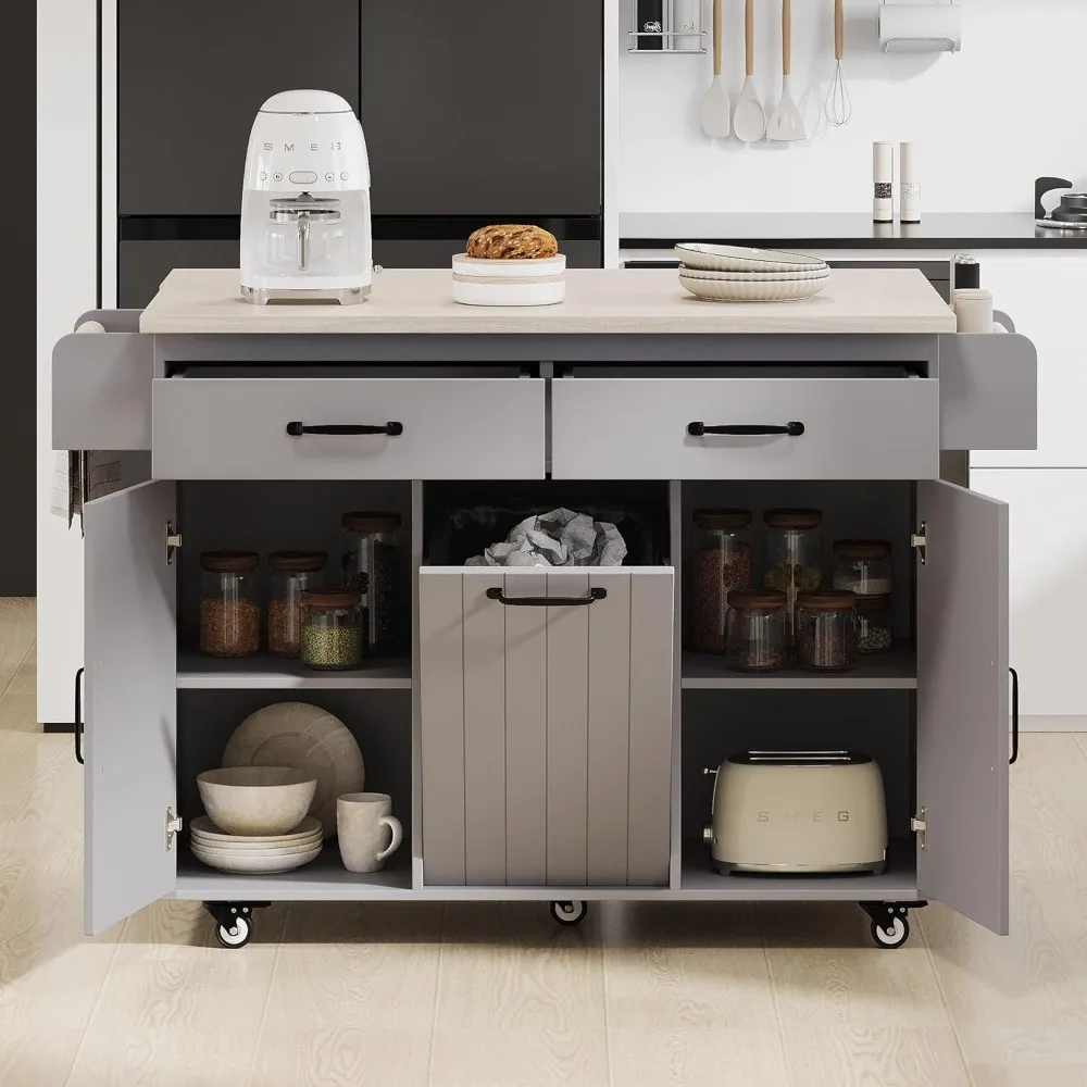 Kitchen Island with Trash Can Storage Cabinet, Kitchen Cart with Drop Leaf, Spice Rack,Towel Rack and Drawer51.06Dx20.55Wx35.04H