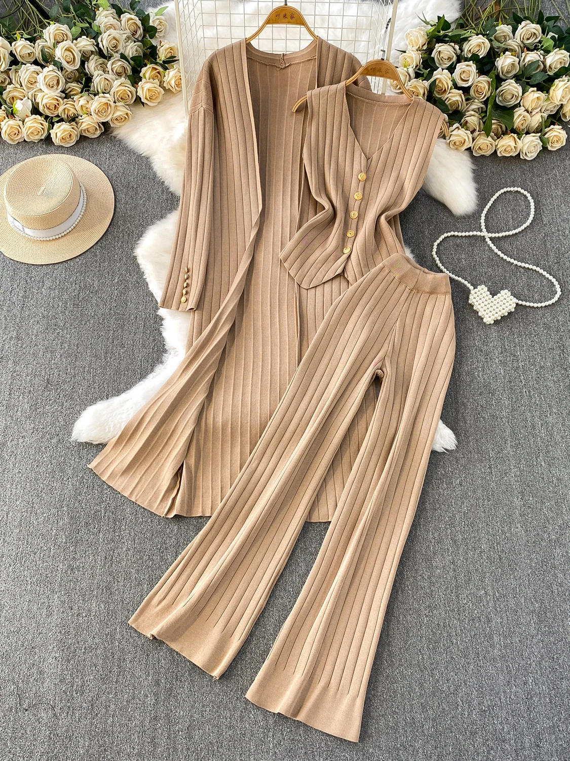 Faionable-cárdigan de punto holgado de gama alta para mujer, chaleco con cintura imperio, conjunto de camiseta, pantalones de pierna ancha, ropa informal de otoño