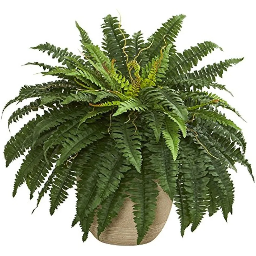 

22" Boston Fern Artificial Plant In Sandstone Planter, Green