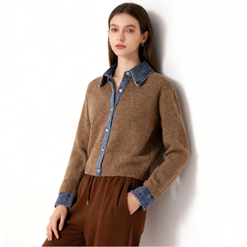 Chic Denim Collar Stitching Fake Two-piece Sweater Women's Cardigan New Single Breasted Knitted Jacket Coat Female Outwear