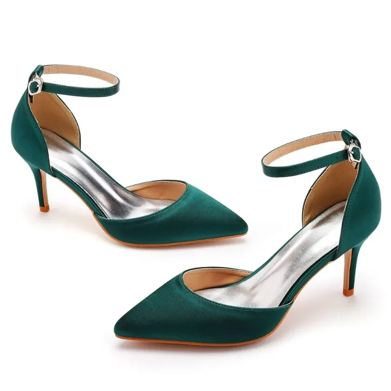 Sexy Ankle Strap Sandals Women Party Mature Silk 7CM Cover Heel Buckle Strap Formal Dress Dress Women's Shoes Dark Green