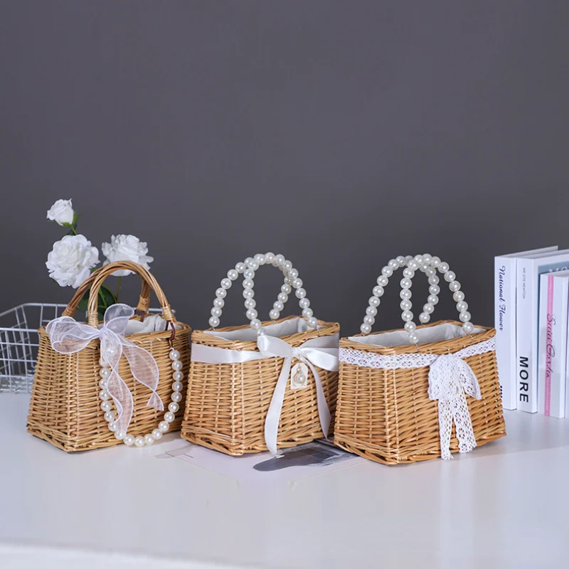 Straw Tote Hand Bags for Women Rattan Weaving Basket Purse Handbag Ladies Pearl Handle Beach Ribbons Clutch Bag