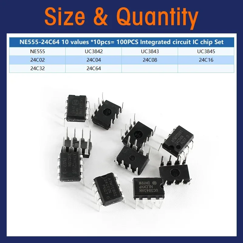 100PCS Integrated Circuit IC Chip Kit NE555 UC3842 UC3843 UC3845 24C02 24C04 24C08 24C16 24C32 24C64 DIP Electronics Kits