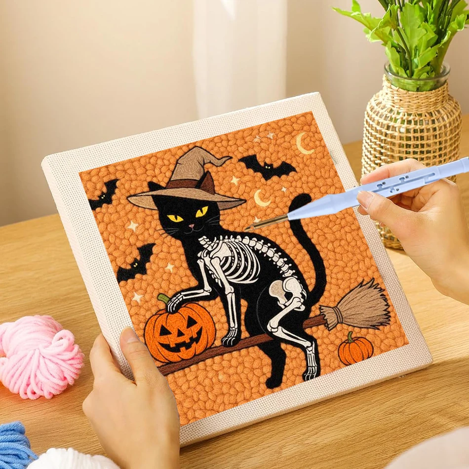 Skeleton Black Cat Punch Needle Kit DIY Embroidery Craft Kit For Beginners Magic Tufting Set Poking Cross Stitch Halloween Gift