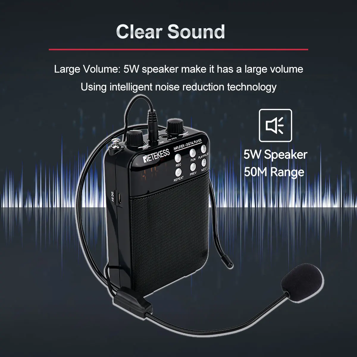 Retekess-TR619 메가폰 휴대용 3W FM 녹음 음성 증폭기, 교사 마이크 스피커 Mp3 플레이어 투어 가이드용 FM 라디오