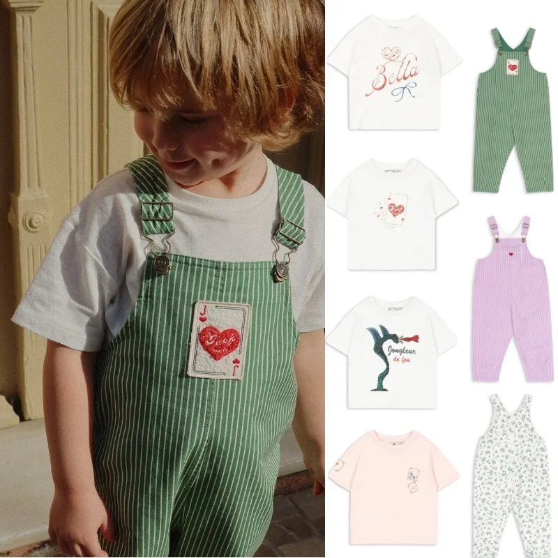 

Детская футболка, новинка лета 2025, белая модная модная милая хлопковая футболка с короткими рукавами для девочек, повседневные полосатые детские штаны на спине