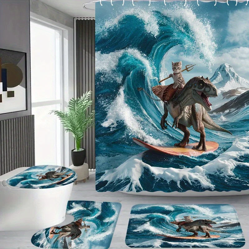 

4 шт. рисунок кота динозавра для серфинга, набор занавесок для душа в ванной комнате с 12 крючками, коврик для ванной, крышкой для унитаза и U-Sha