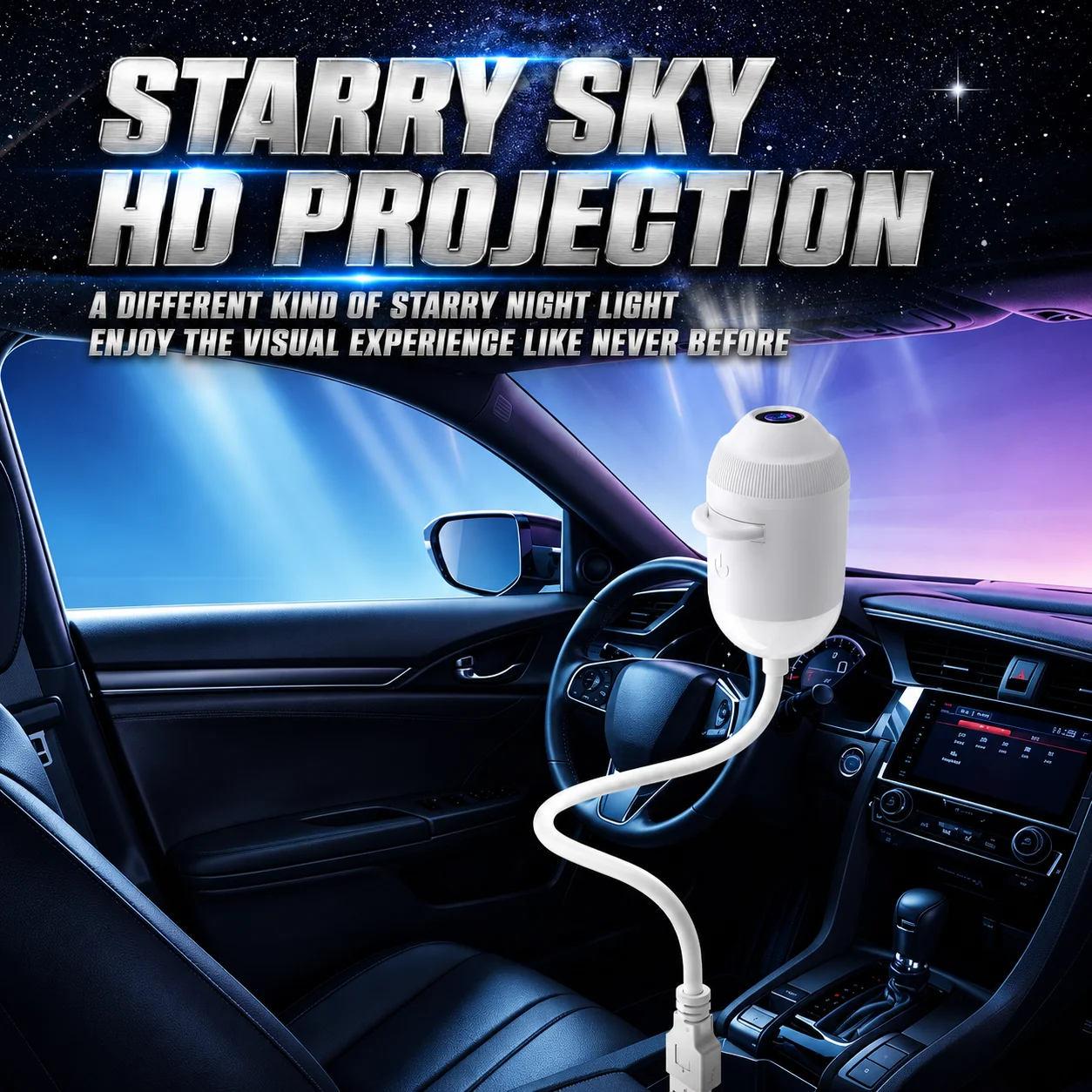 USB Car Roof Star Light HD Lens Galaxy Ceiling Projector Lamp Multiple Patterns Auto Atmosphere Night Light Plug & Play