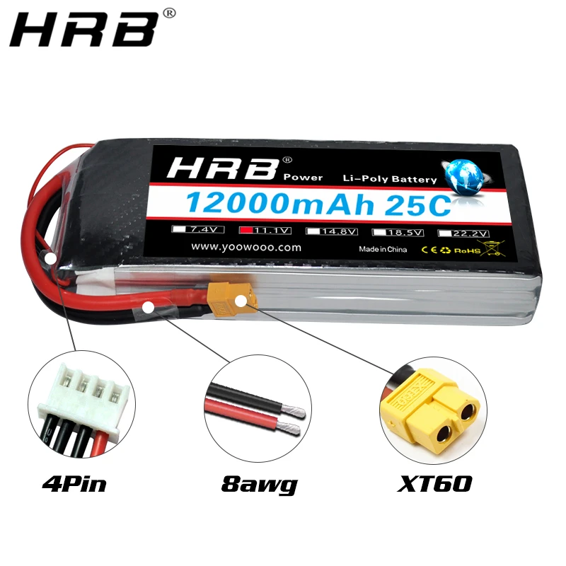 HRB 1PCS 12000mah Lipo 2S 3S 4S 6S 5S Battery 7.4V 11.1V 14.8V 22.2V 18.5V Lipo 25C XT60 T for RC Car truck Drone Airplane