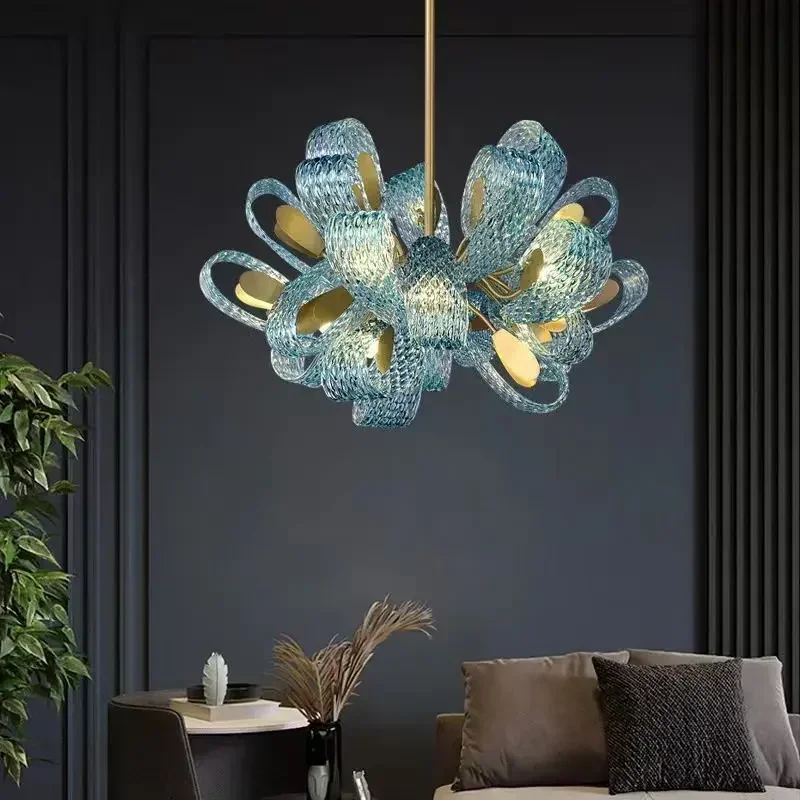 

Modern LED Art Deco Blue Peacock Leaf Copper New Ceiling Chandelier Lustre For Living Room Staircase Lamp