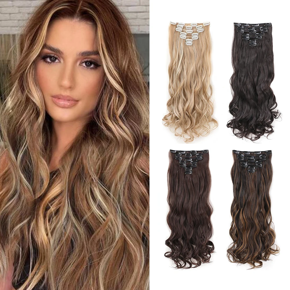 Clip in Hair Extensions 7 PCS 22 Inch Hair Extensions Clip Ins Blond Brown Long Wavy Hairpieces Clip In Synthetic Wavy Hair