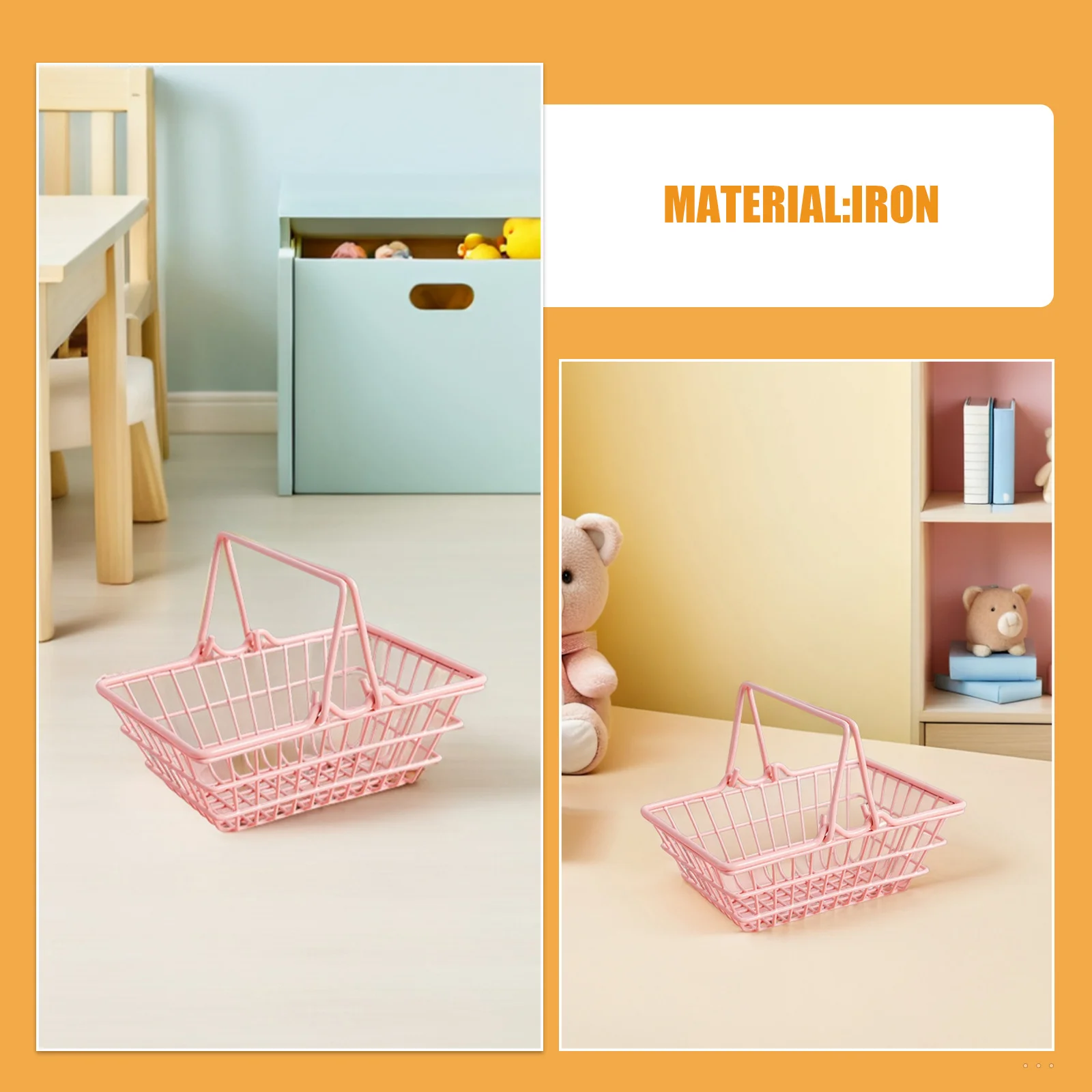 Panier de courses pour enfants, 2 pièces, Mini fil métallique, petits paniers d'épicerie, poignées, organisateur de rangement pour jeu de simulation, pour les tout-petits filles