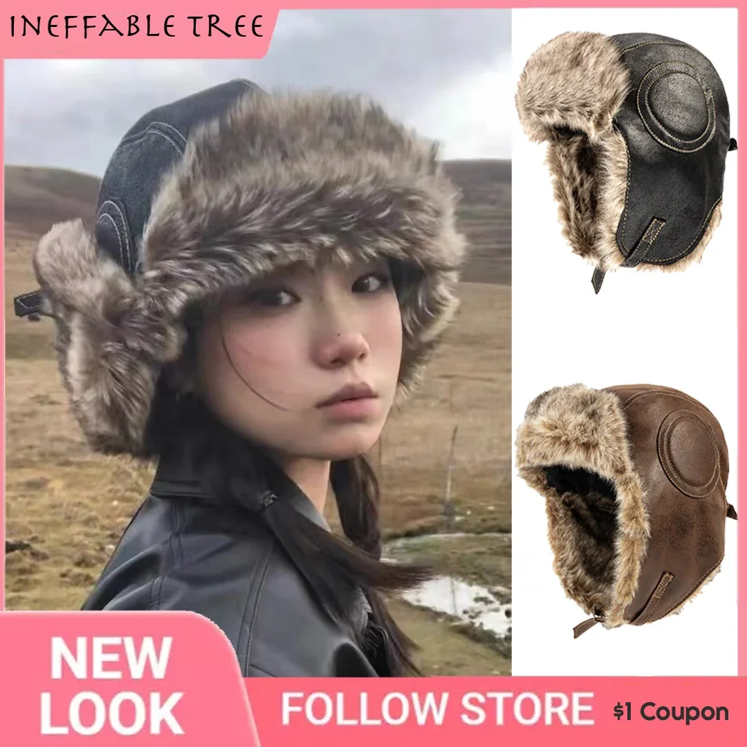 

Winter Russian Hats for Men Women Aviator Trapper Hat Faux Fur Leather Snow Cap with Ear Flaps Pilot Fluffy Bombero Gorra Hombre