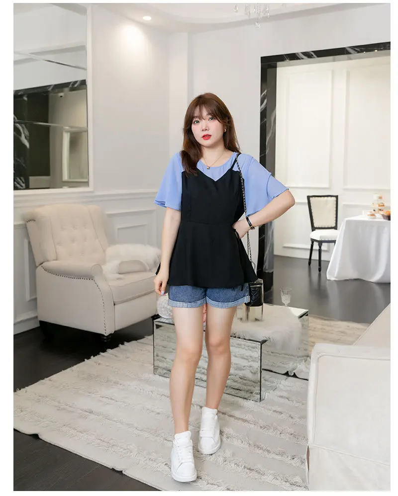 Large Size 7XL 120KG Women Chiffon Blouses Summer Sweet Shirt O Neck Fake two pieces Short Sleeve Women Tops