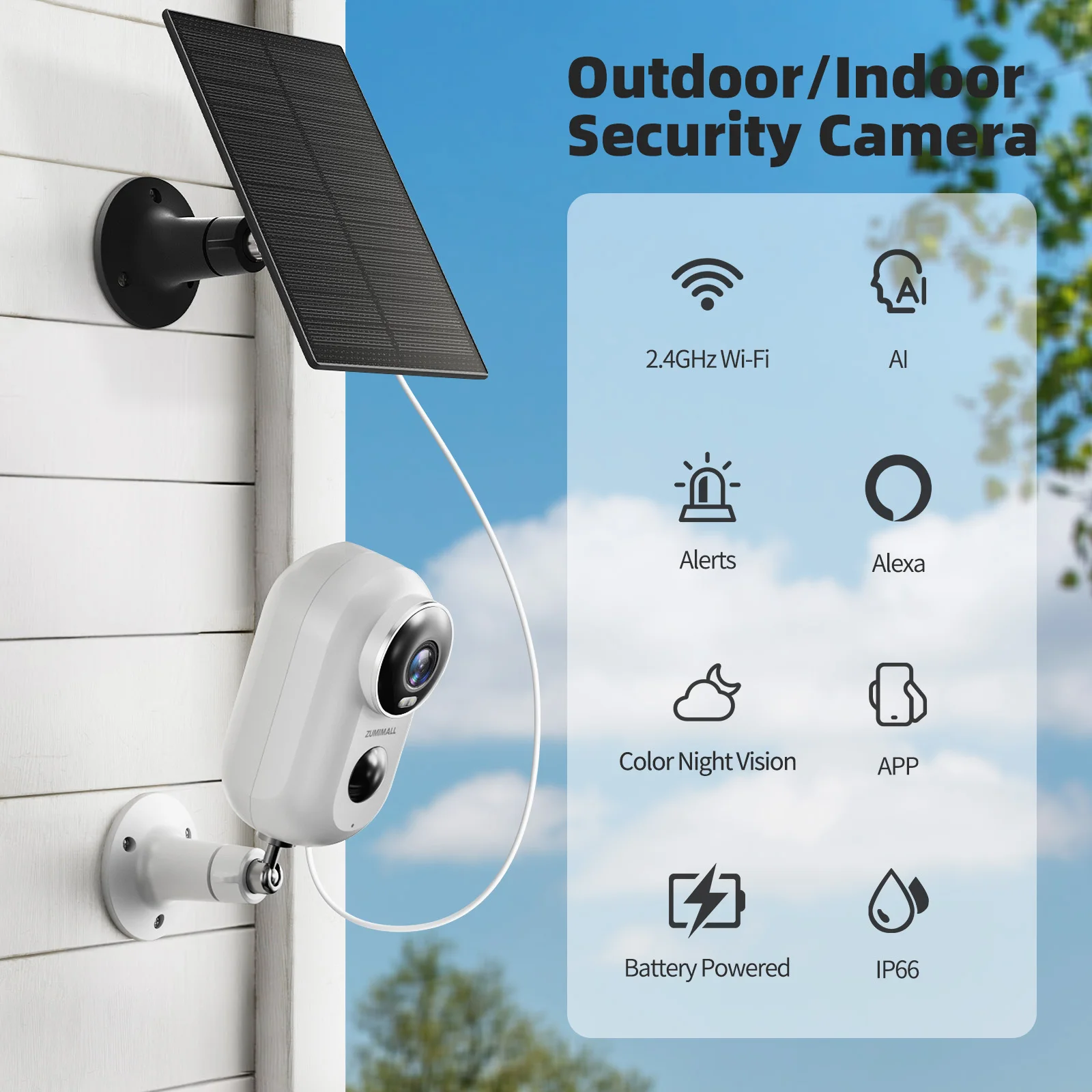 ZUMIMALL  Outdoor Security Cameras Wireless with Magnetic Mount, solar Battery Powered, 2.4G WiFi