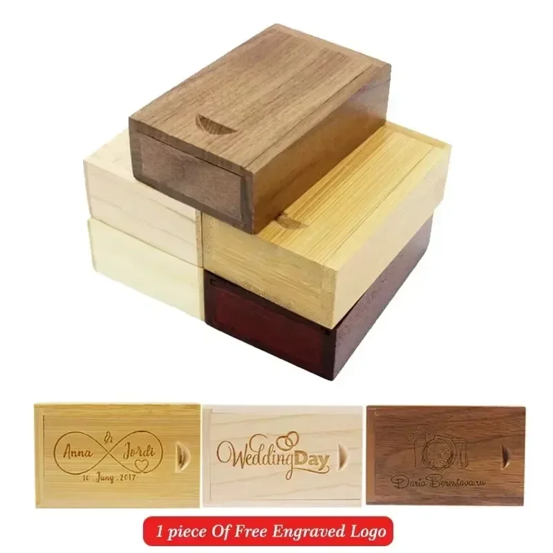 1pcs Free Engraved Logo Solid Wood Storage Boxes With Sliding Top for For Ring Gift Box USB Commemorative Storage Wooden Case