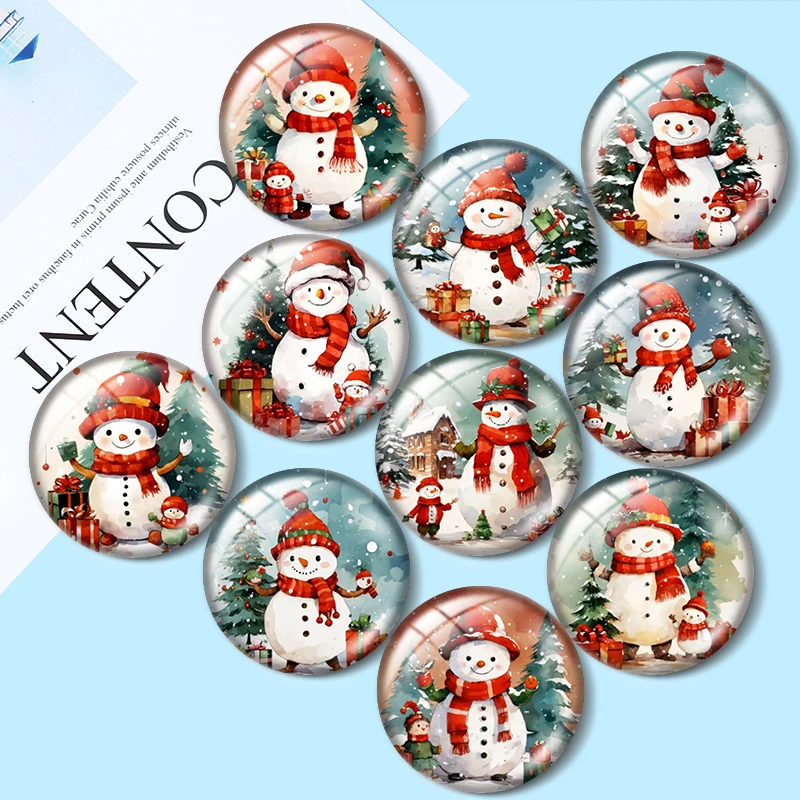 

Red Hat Snowman Christmas 12mm/16mm/18mm/25mm Round Photo Glass Cabochon Flat Back Making findings