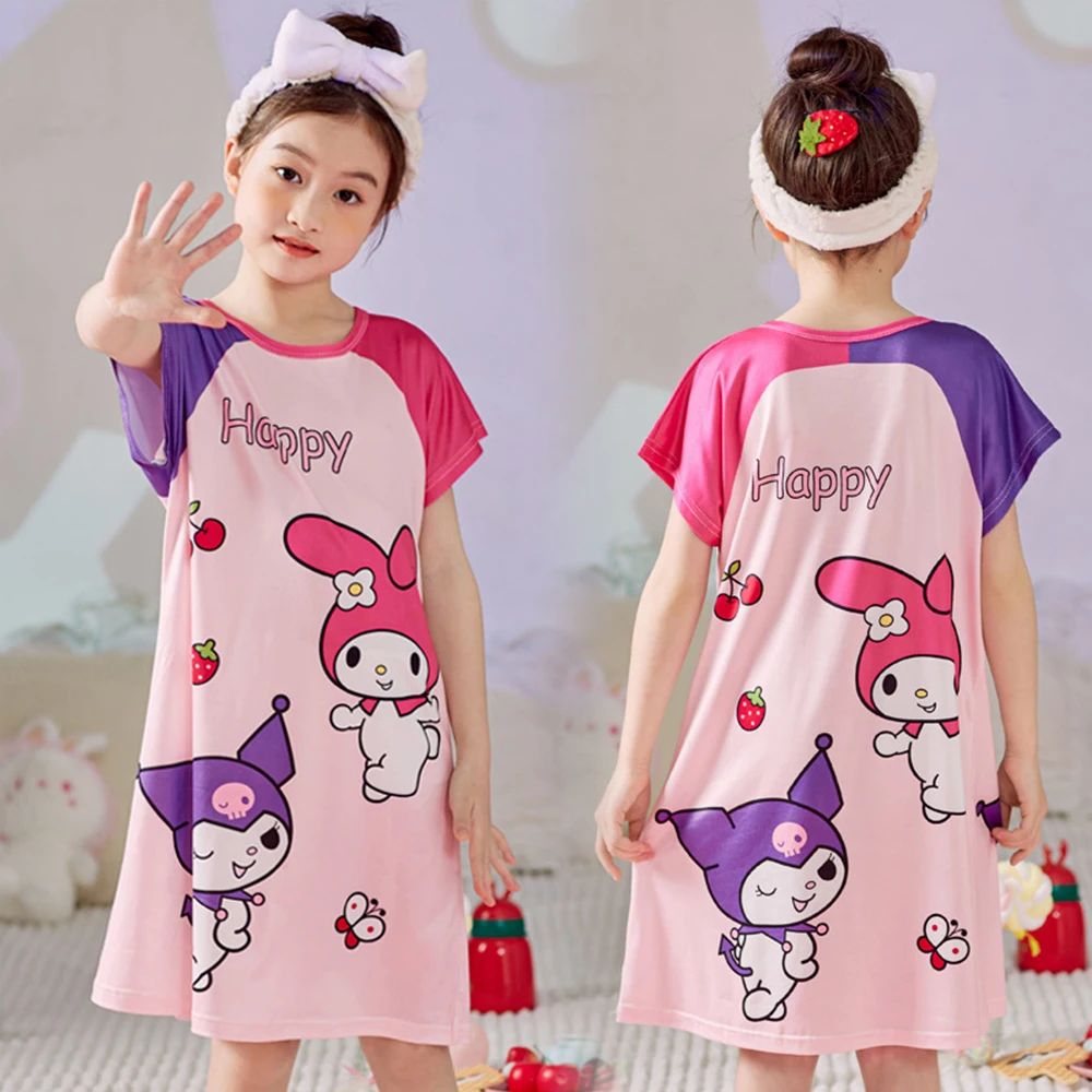 Cinnamoroll Children's Summer Nightwear Sanrios Kuromi Nightgown Short Sleeve Dress Home Clothing Anime Girls Ice Silk Pajamas