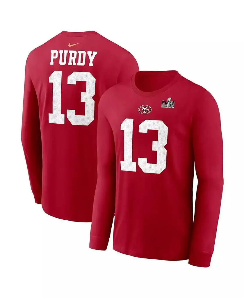 Nike | Men's Brock Purdy Scarlet San Francisco 49ers Super Bowl LVIII Patch Player Name and Number Long Sleeve T-shirt