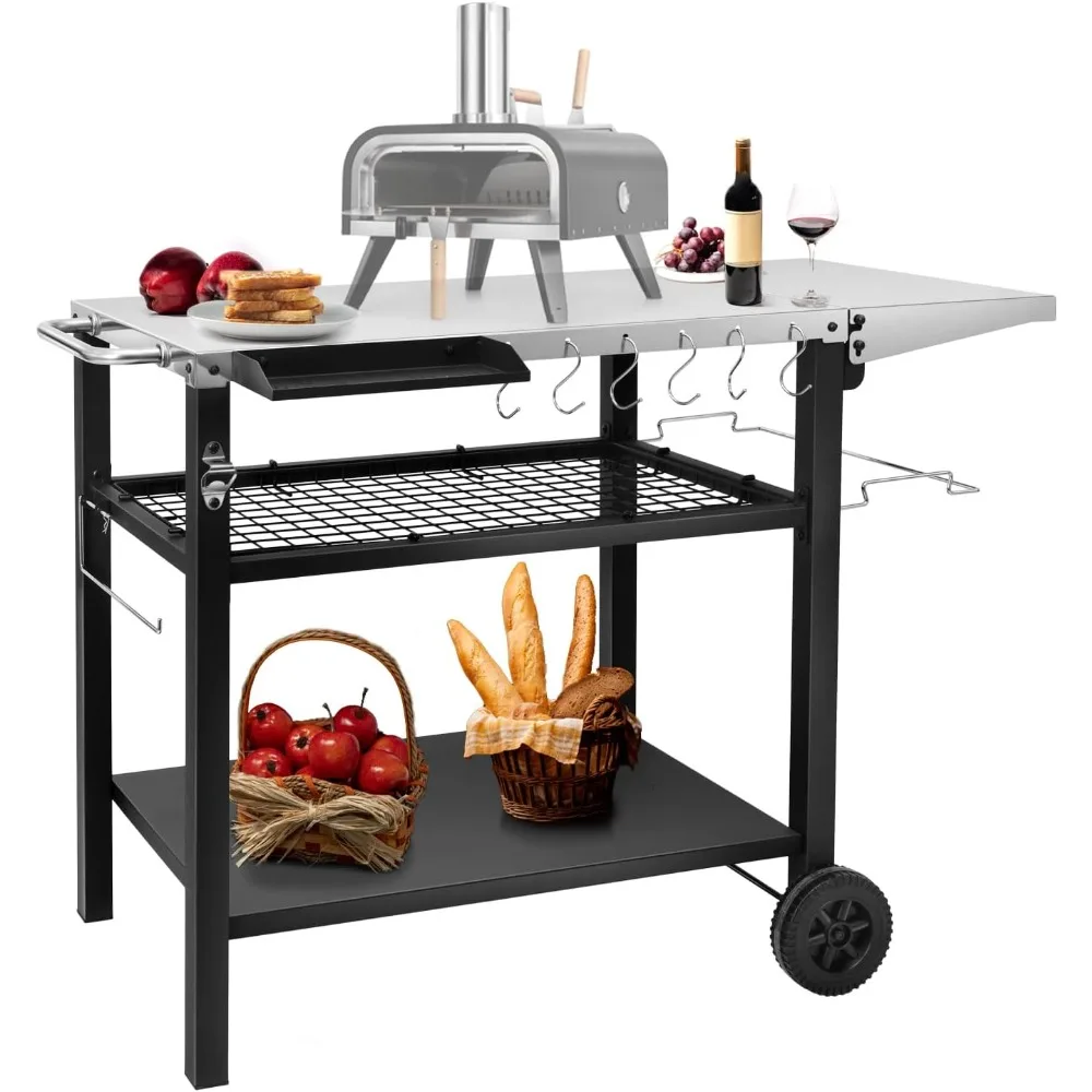 Outdoor Grill Cart Table Pizza Oven Stand, Three-Shelf Stainless Steel Food Prep Table Patio BBQ Grill Table Bar Cart