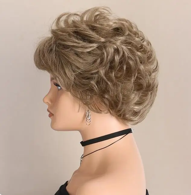 Layered Short Synthetic Wigs Wavy Curly Blonde Brown Mixed Women Nature Hair Wig for Daily Party