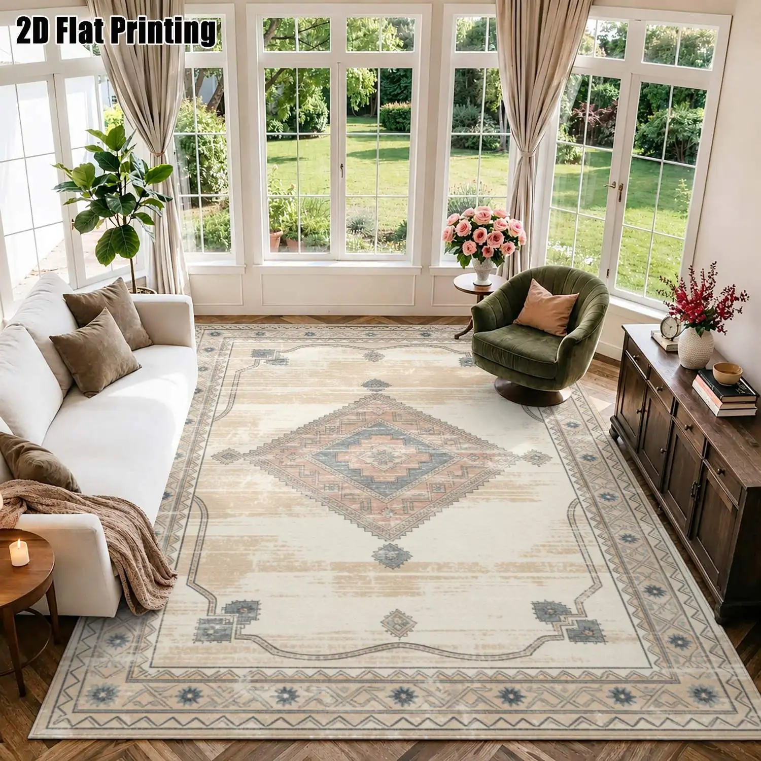 1Pc 2D Printed Geometric Carpet: Beige, Blue & Gray Nordic Vintage Bohemian European Style, Home Decor, Multi-Size, Machine Washable, Suitable for Entrance, Living Room, Bedroom, Dining Room, Foyer