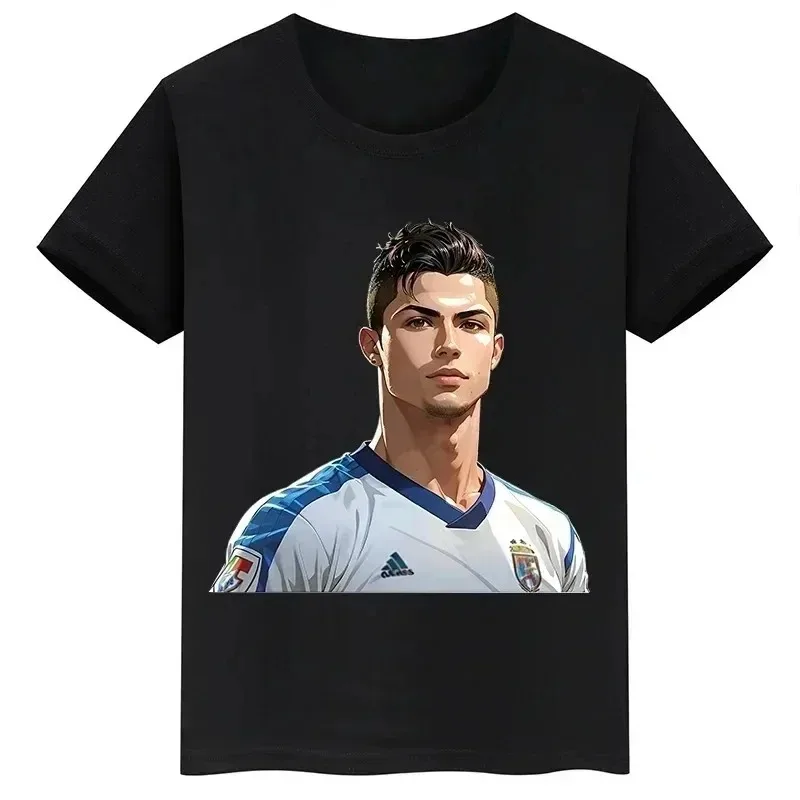 New Ronaldo Soccer Star Idol Printed Kids Wear Kids Summer Short Sleeve Boys Girls Black Cotton T-Shirt Sports Baby T Shirt Top