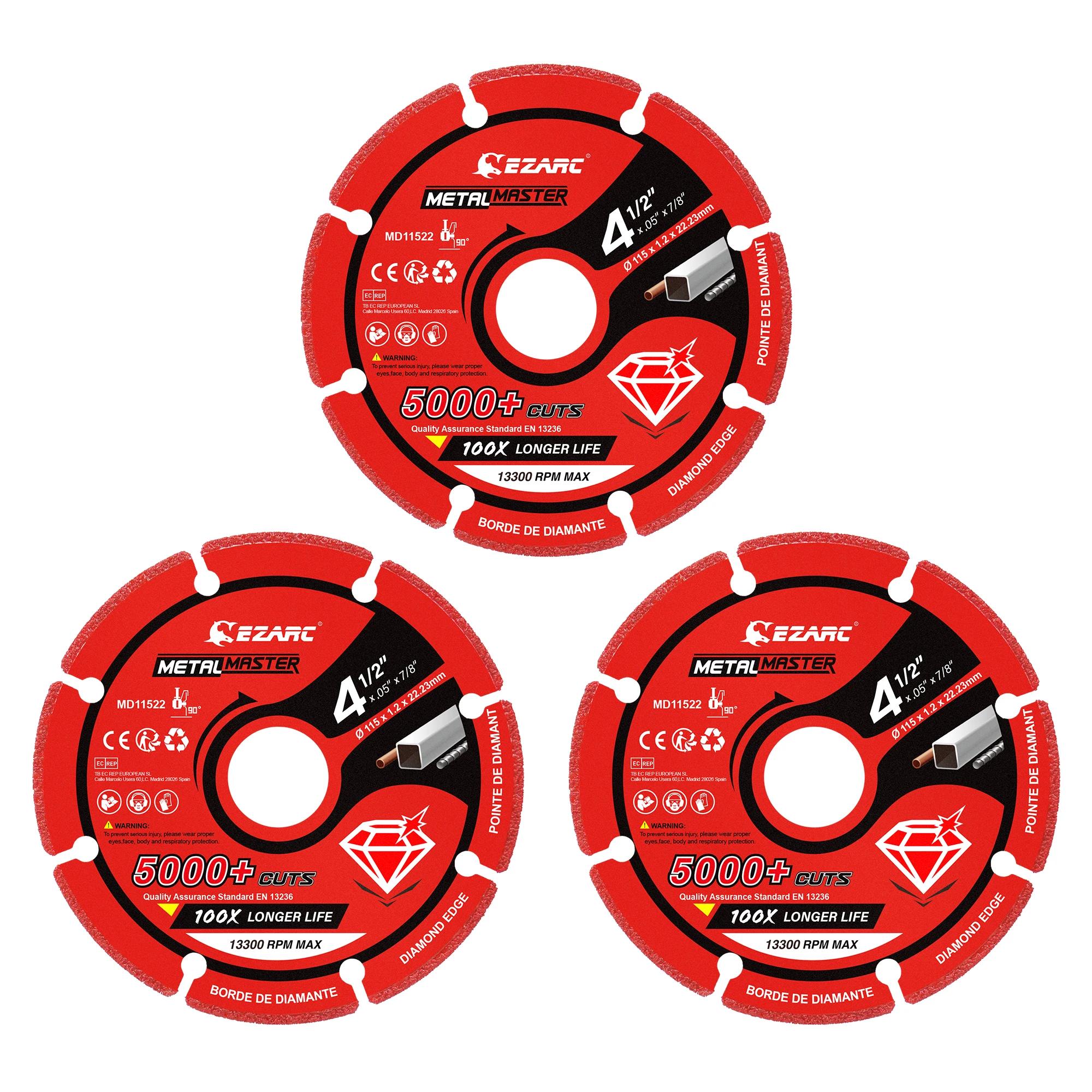 

EZARC 3 шт. 115 мм алмазный отрезной круг по металлу, отрезной круг 4-1/2 x 7/8 дюйма с 5000+ отрезами по арматурной поверхности, стали, железа и INOX