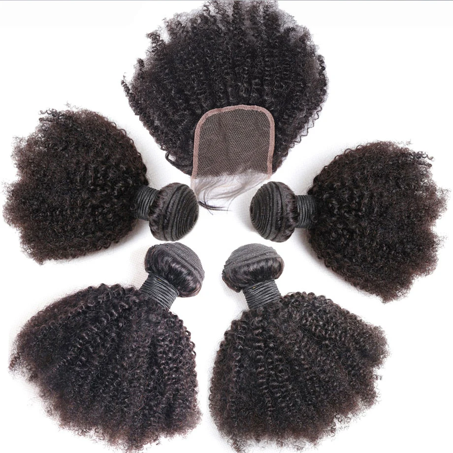 Human Hair Kinky Curly Bundles with Closure Afro Kinky Curly 3-4 Bundles with Closure 100% Curly Human Hair 4x4 Pre Plucked