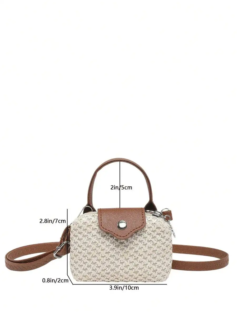 

Mini Woven Straw Bag With Flap And Adjustable Strap For Women