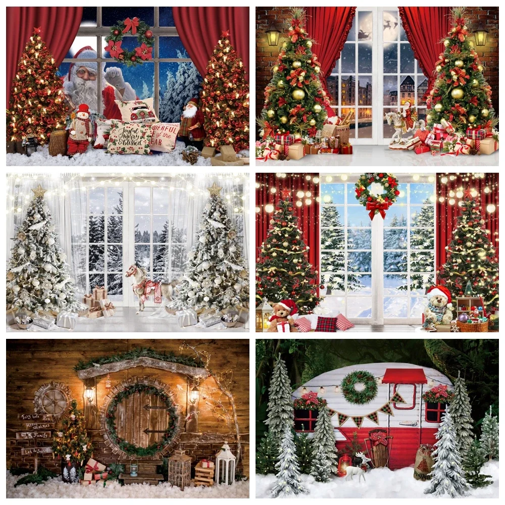 Merry Christmas Photocall Backdrop 2024 Winter Fireplace Xmas Tree Family Kids Baby Portrait Photography Background Photo Studio