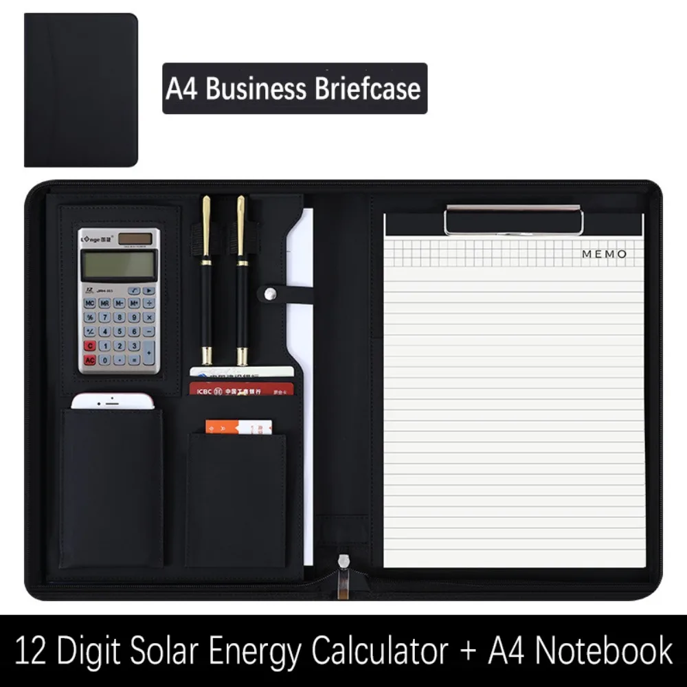 

PU Leather A4 File Folder Zipper Closure Card Holder A4 Zipper Bag With Calculator Pen Insert Meeting Memo Book School