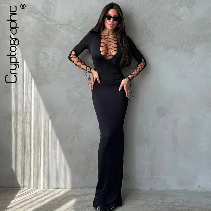 

Cryptographic Fashion Lace Up Bandage Maxi Dress for Women Vestido Club Party V Neck Sexy Black Long Sleeve Dresses Robe Clothes