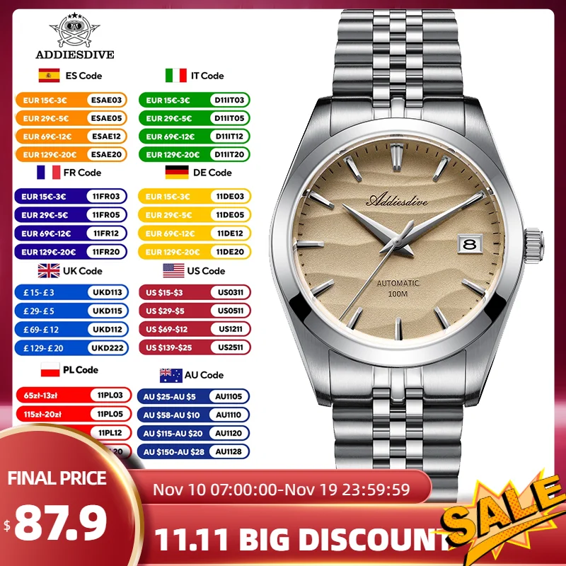 

ADDIESDIVE Sapphire Mechanical Wristwatches NH35A Waterproof Automatic Watch Silver Stainless Steel Business Mens Dress Watch