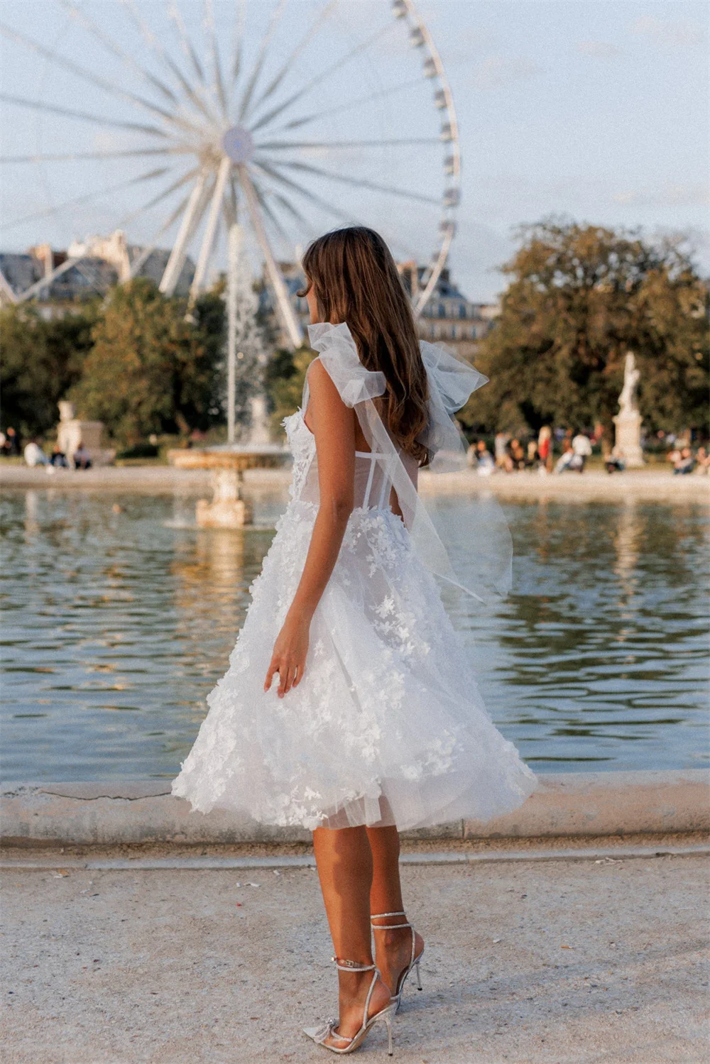 Amanda princesa hasta la rodilla A-line Vestidos De Novia 3D flor encaje vestido De Novia arco en correas tul personalizado Robe De Mariée