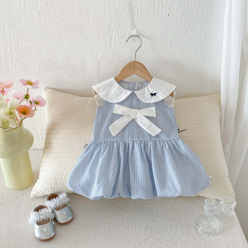 

Girls' French-style navy collar blue striped dress with stylish bow, elegant slim fit, tulip skirt, sleeveless dress