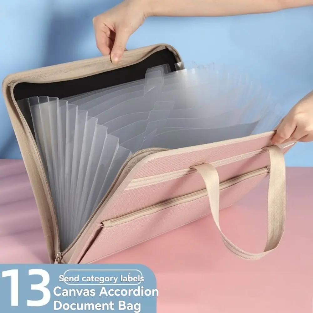 

13 Pocket Canvas Accordion Document Bag Vertical Large Capacity A4 Expanding File Organizer with Handle Portable